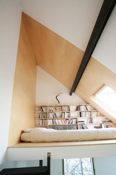 Tiny House Sleeping Loft with Books Shelves and Skylight
