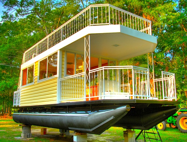 Epic 30′ Tiny House on Pontoons with Upstairs Deck | Tiny House Pins